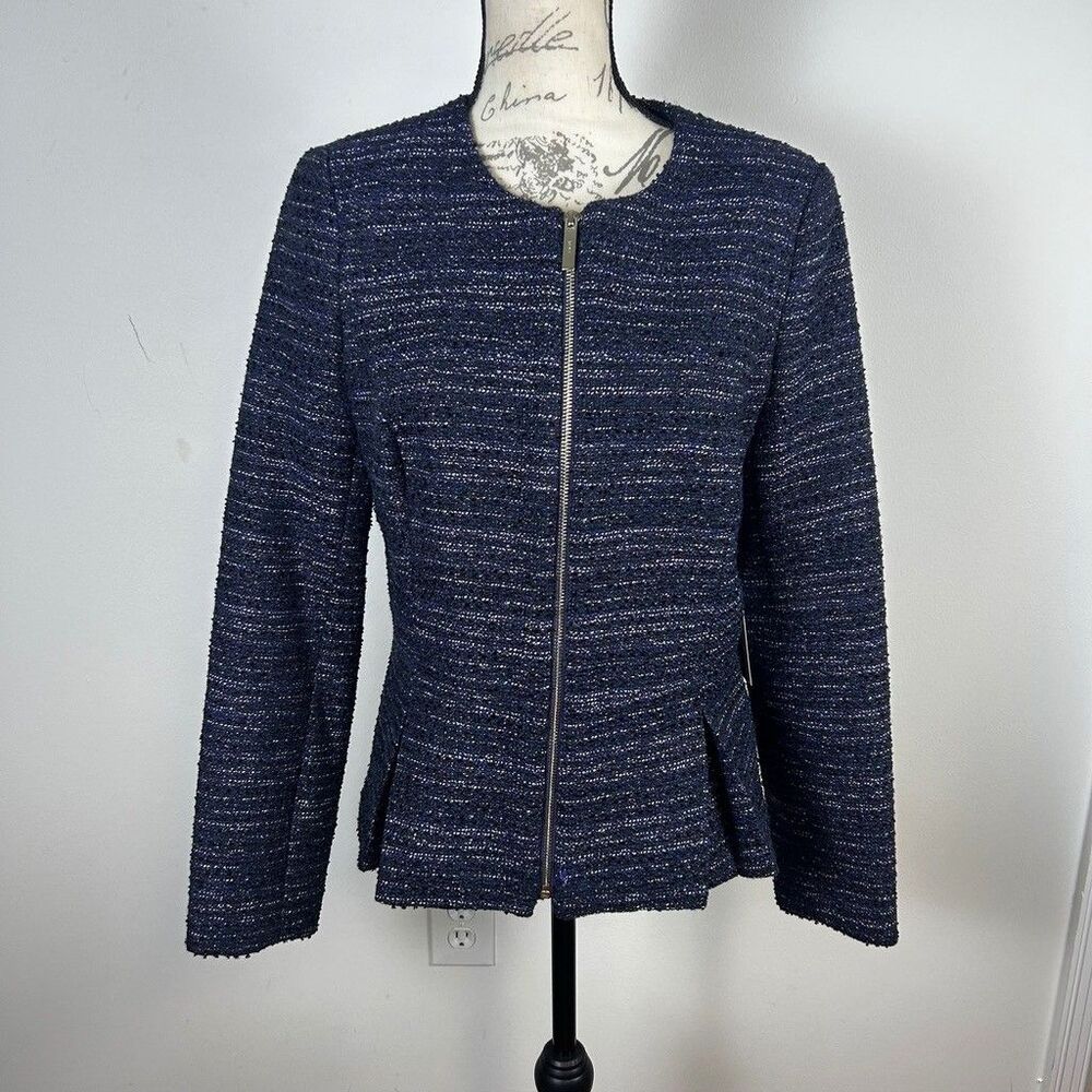DKNY Women Blue Tweed Zip Up Blazer Jacket Size 8 Metallic Boucle Peplum NWT